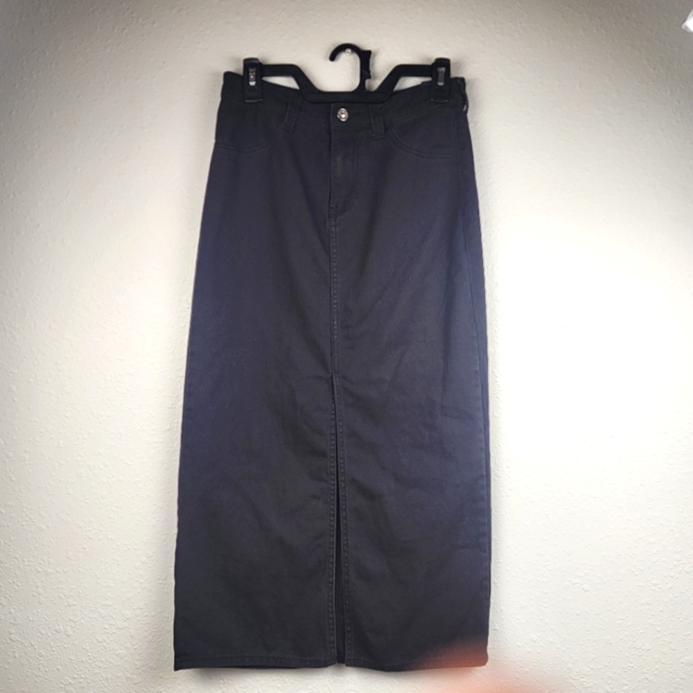 Divided Retro Black Denim Straight Basic Midi Skirt Front Slit Womens Size 2